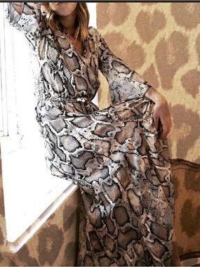 Snakeskin Print High-Low Wrap Style Lightweight Satin Dress, Size S/M